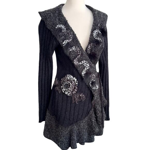 Vintage Y2K Forla Paris Mohair Wool Black Cardigan Steampunk Goth Victorian LRG - Picture 4 of 14